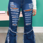 Plus Size Dk-Blue High Waist Ripped Distressed  Bell Bottom Jeans